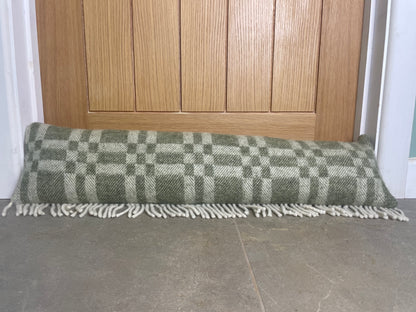 Pure Wool Draught Excluder (Moss Green Geometric w/Side Seam Fringe)