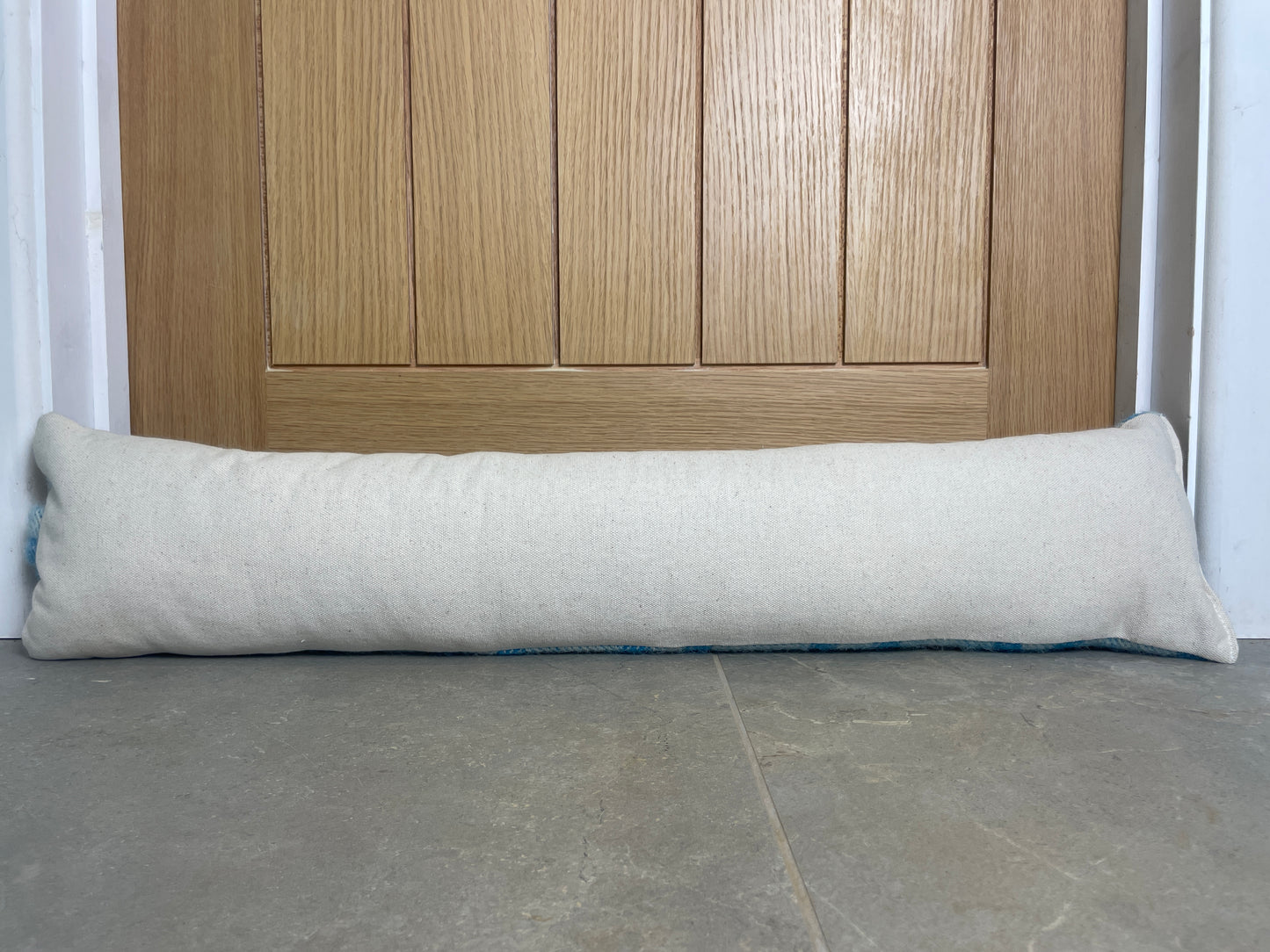 Pure Wool Draught Excluder (Sky Blue inverse Geometric)