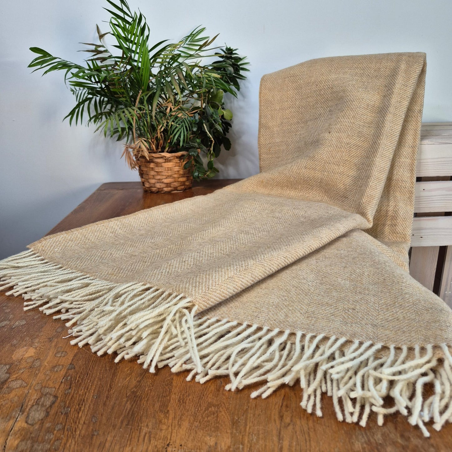 Pure Wool Throw Blanket | Herringbone | Sand Dune / Taupe