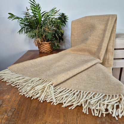 Pure Wool Throw Blanket | Herringbone | Sand Dune / Taupe