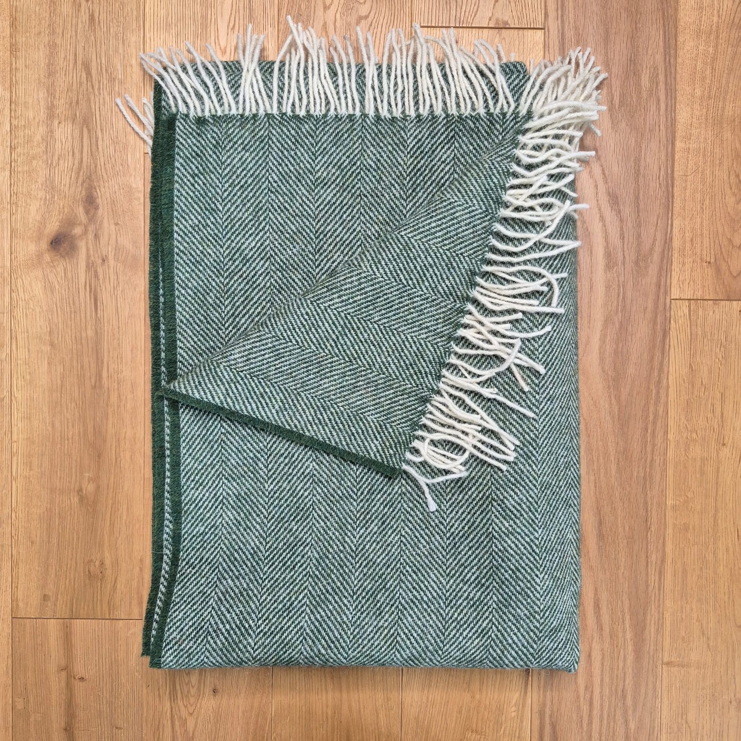 Pure Wool Throw Blanket | Herringbone | Clover Green
