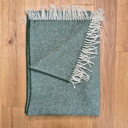Pure Wool Throw Blanket | Herringbone | Clover Green