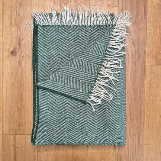 Pure Wool Throw Blanket | Herringbone | Clover Green
