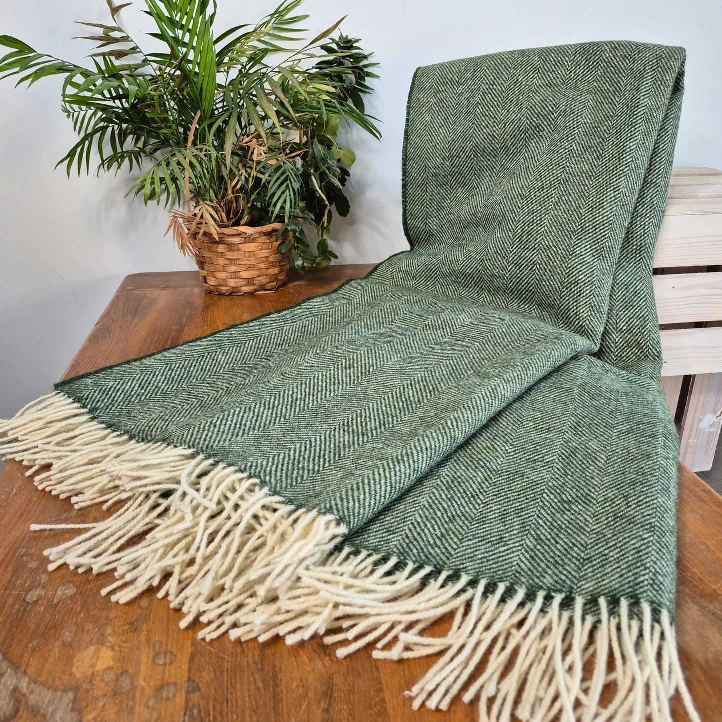 Pure Wool Throw Blanket | Herringbone | Clover Green