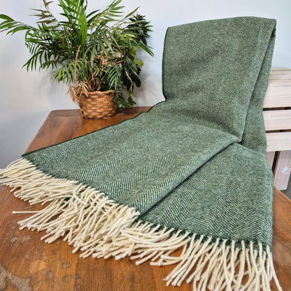Pure Wool Throw Blanket | Herringbone | Clover Green
