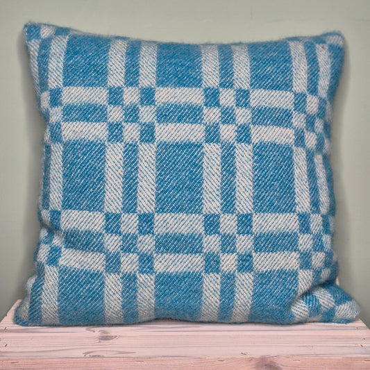 Pure Wool Cushion | Sky Blue Geometric Squares