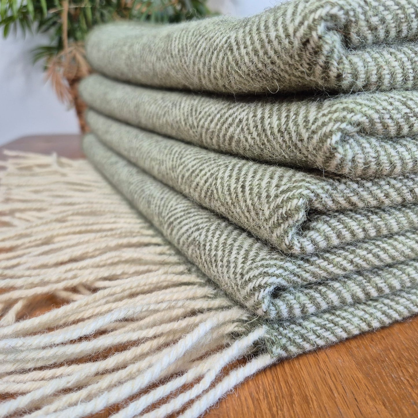 Pure Wool Throw Blanket | Herringbone | Sage Green