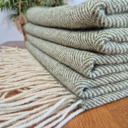 Pure Wool Throw Blanket | Herringbone | Sage Green