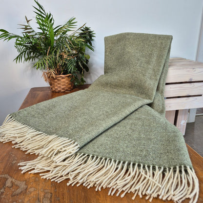 Pure Wool Throw Blanket | Herringbone | Sage Green