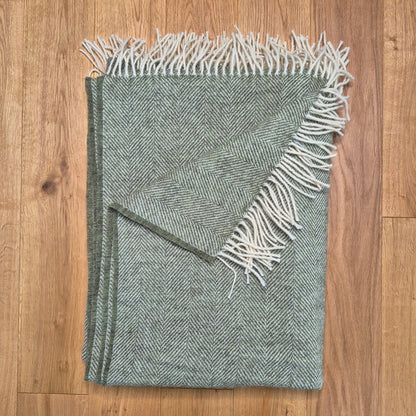 Pure Wool Throw Blanket | Herringbone | Sage Green