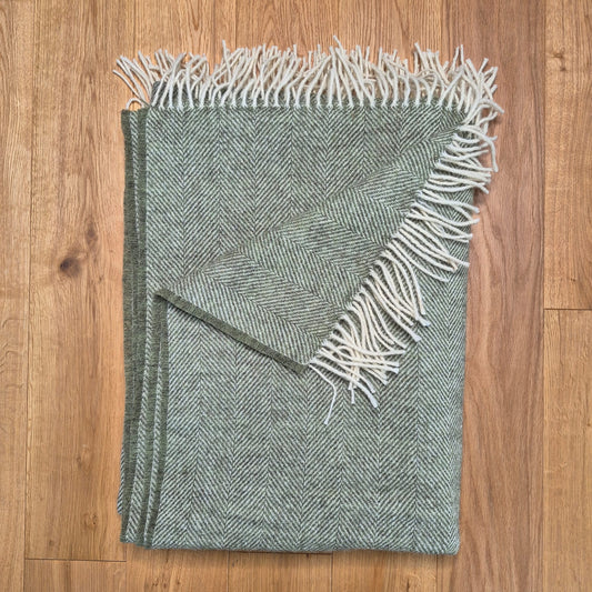 Pure Wool Throw Blanket | Herringbone | Sage Green