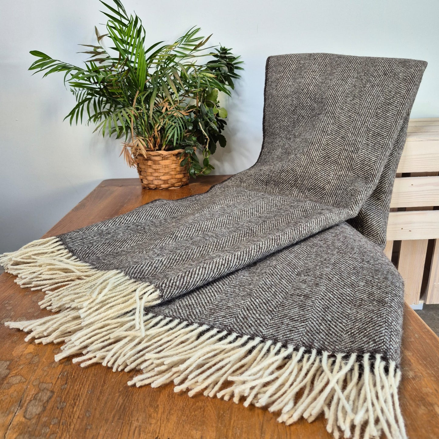 Pure Wool Throw Blanket | Herringbone | Herdwick Grey