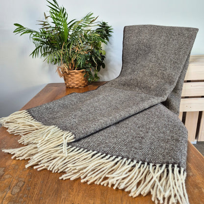 Pure Wool Throw Blanket | Herringbone | Herdwick Grey
