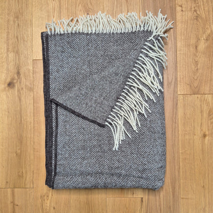 Pure Wool Throw Blanket | Herringbone | Herdwick Grey