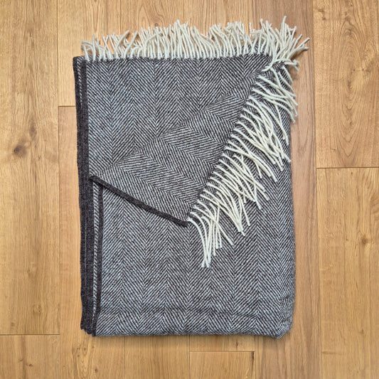 Pure Wool Throw Blanket | Herringbone | Herdwick Grey