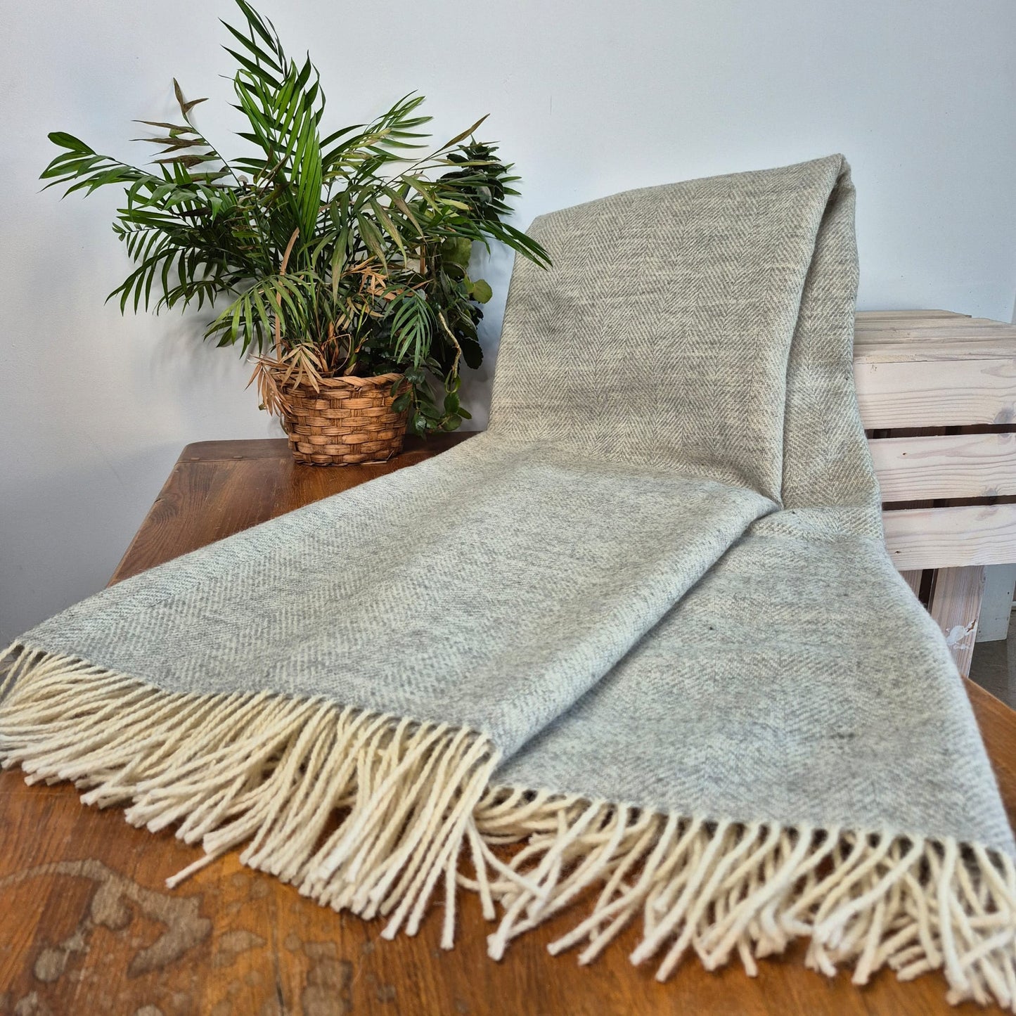 Pure Wool Throw Blanket | Herringbone | Turtledove Grey