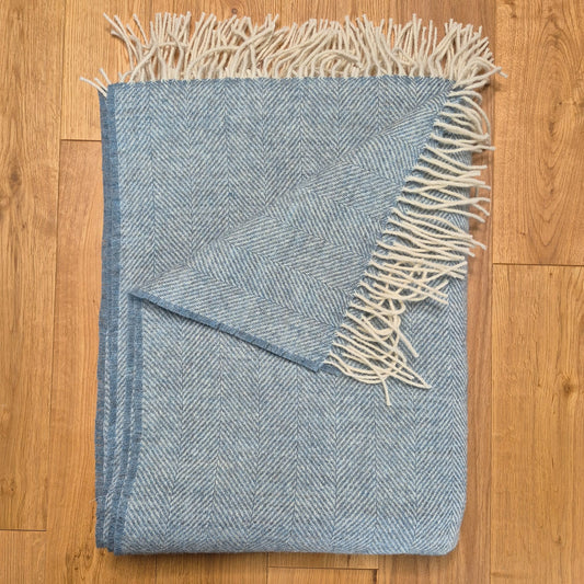 Pure Wool Throw Blanket | Herringbone | Forget-Me-Not