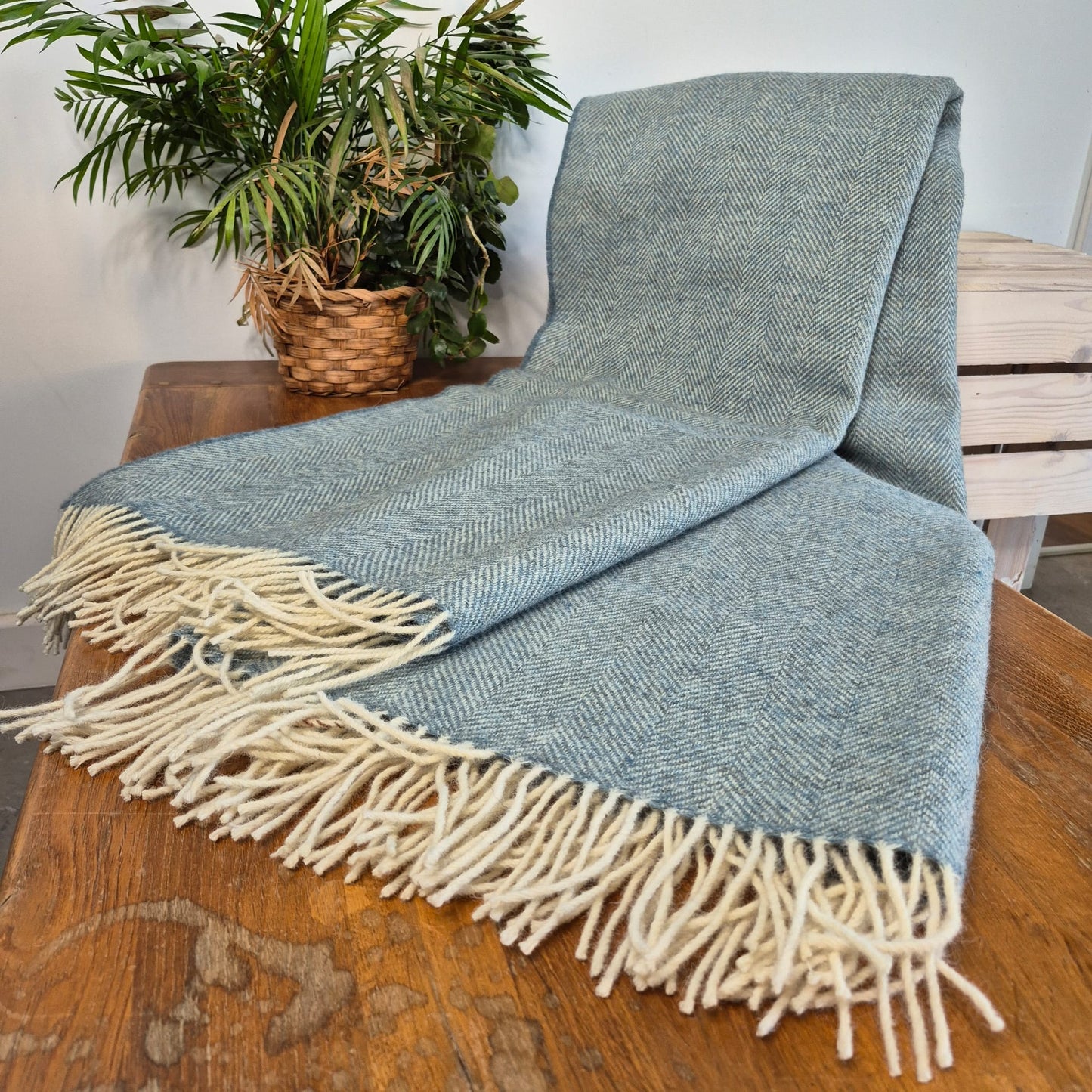 Pure Wool Throw Blanket | Herringbone | Forget-Me-Not