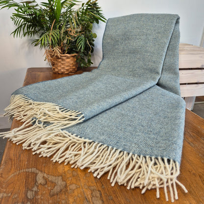 Pure Wool Throw Blanket | Herringbone | Forget-Me-Not